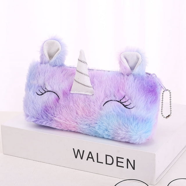 Estuche para lápices con forma de corazón de unicornio de peluche degradado para niña, bolsa de almacenamiento para estudiantes, papelería linda de gran capacidad