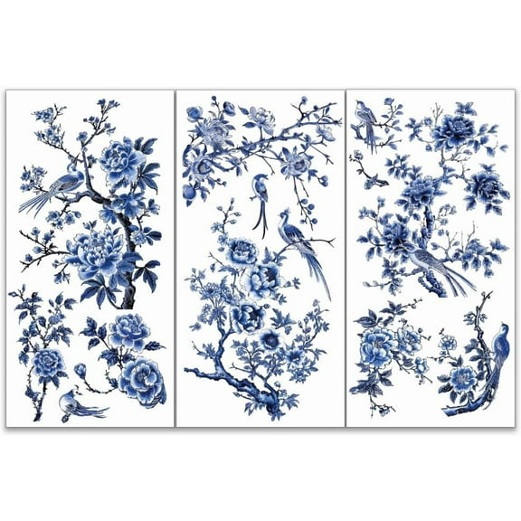 3pcs/Set Blue Flower Rub on Transfers for Furniture and Crafts 6x12 Inch Bird Decor Transfer Stickers Landscape Decals for Wood Furniture Scrapbooking Home Decorations 1set