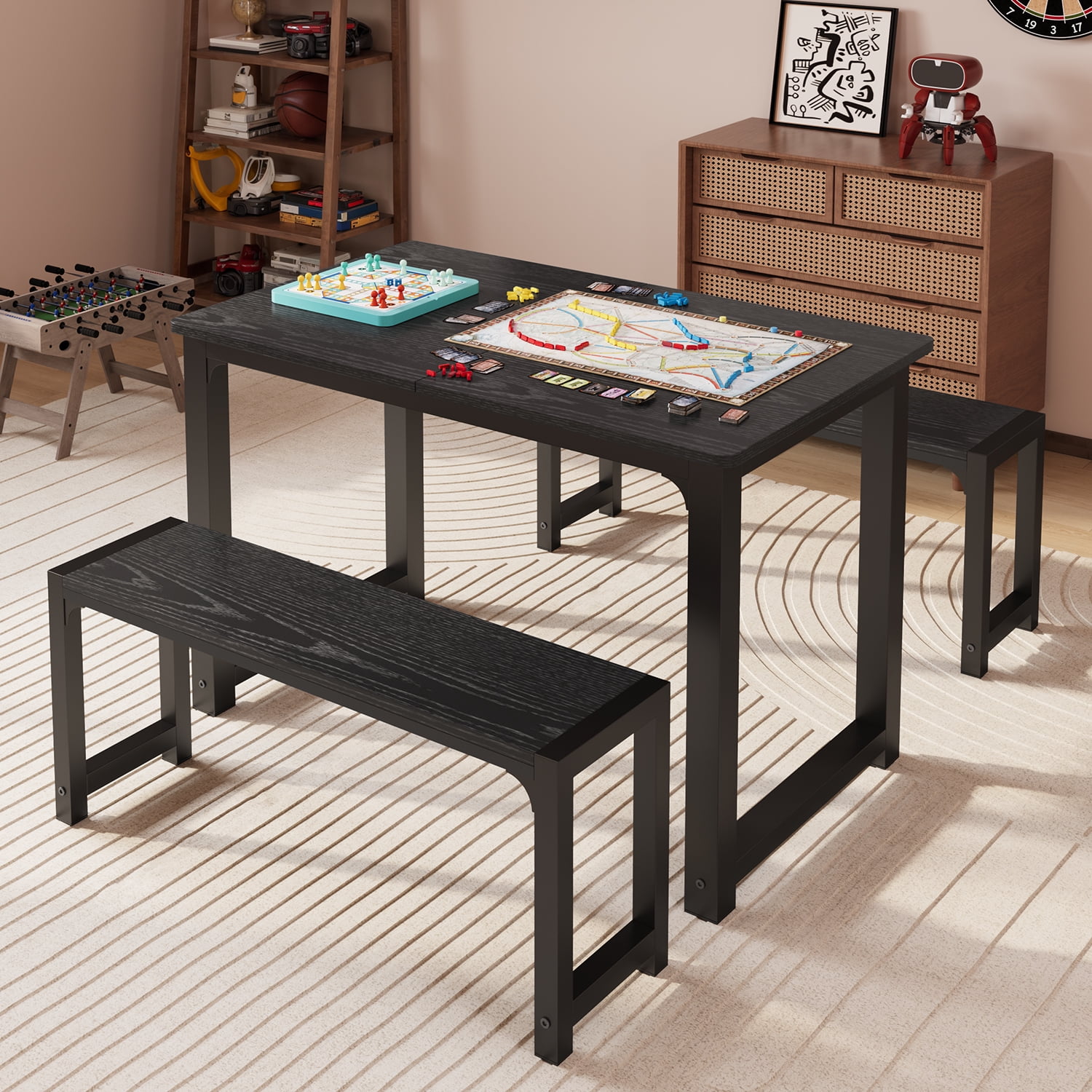 Extendable Dining Table Set for 4 People with 2 Benches,47" to 63" Kitchen Table for Living Room, Black
