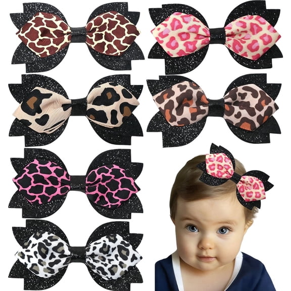 JoyBowie 6 Pcs 4.1in Toddler Girls Leopard-Print Glitter Accent Multi-Color Hair Bows