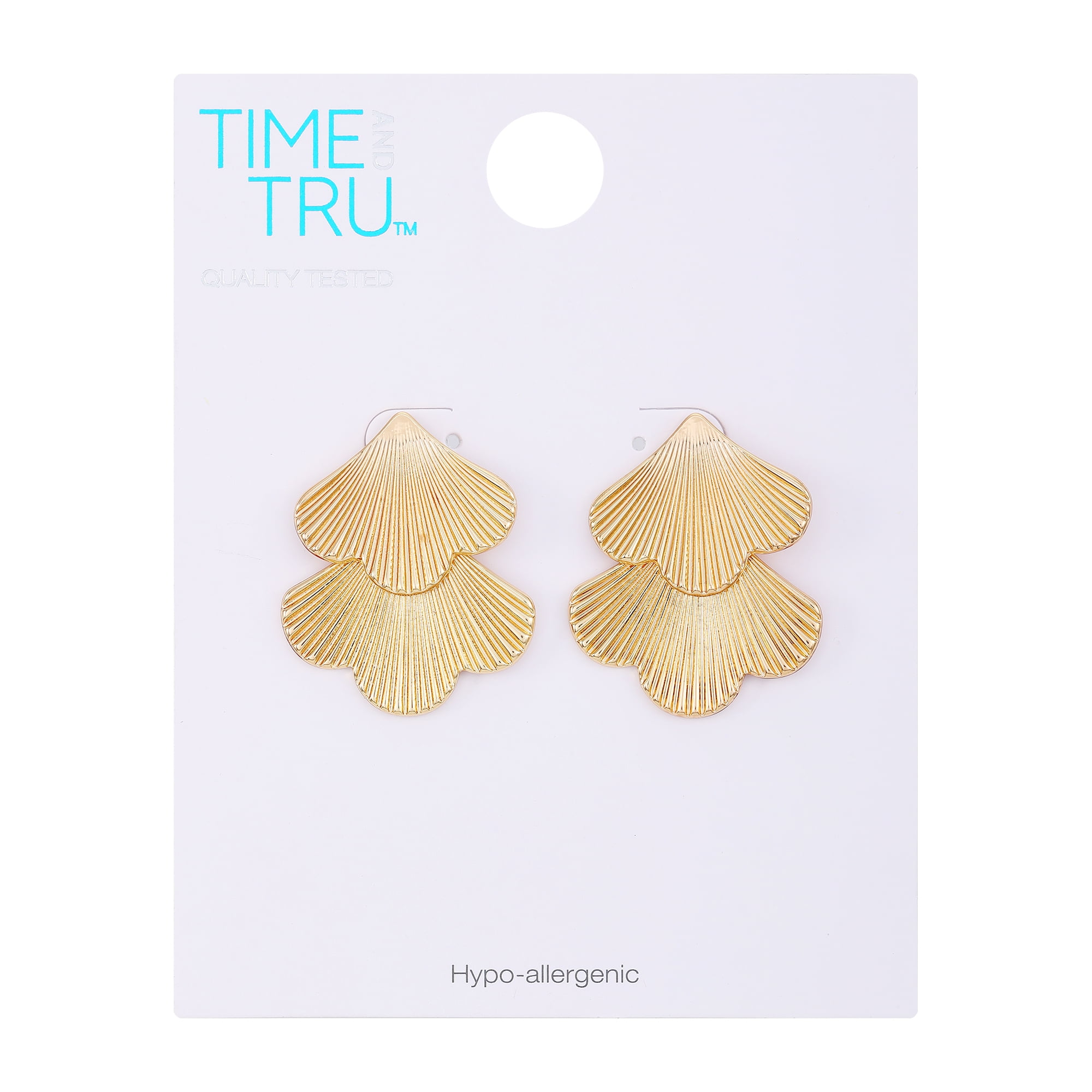 Time and Tru Women's Gold Tone Modern Textured Double Fan Art Deco Style Casting Drop Post Earring