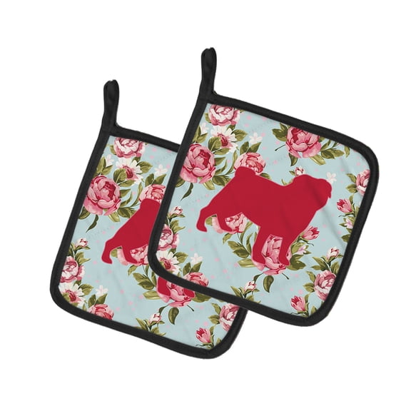 Caroline's Treasures BB1112-RS-BU-PTHD Pug Shabby Chic Blue Roses Pair of Pot Holders , 7.5HX7.5W, multicolor