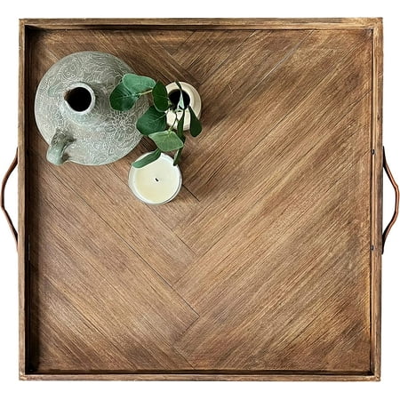 

Large Ottoman Wood Tray- with Leather Handle Decorative Wooden 24 x 24 x1.5 Inches Square Serving Tray Best for Coffee Table Living Room and Kitchen