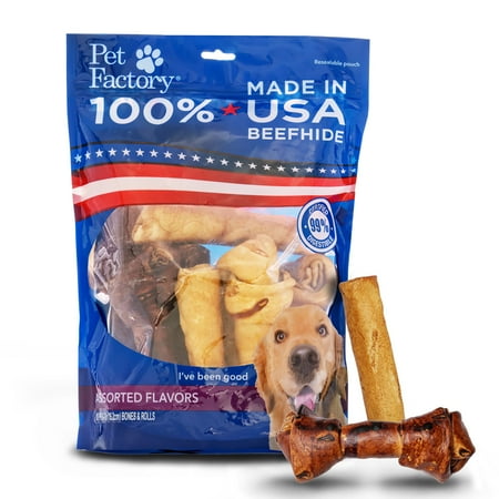 UPC: 0094983782541 | Pet Factory 100% Made in USA Beefhide 6-7  Assorted (Bones & Rolls) Dog Chew Treats – Beef & Chicken Flavor  10 Count/1 Pack Assorted Bones & Rolls (6-7 Inches) Beef & Chicken 10 Count (Pack of 1)