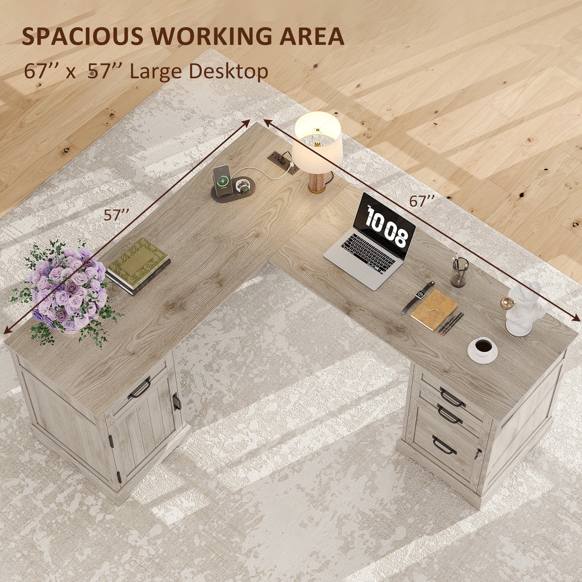 67'' Farmhouse L Shape Desk with File Drawers and Charging Station for Home Office, Light Wash Gray