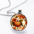 thumbnail image 2 of Thanksgiving Pumpkin Leaves Glass Circular Pendant Necklace | Stylish Glass Design Pendant Necklaces, 2 of 5