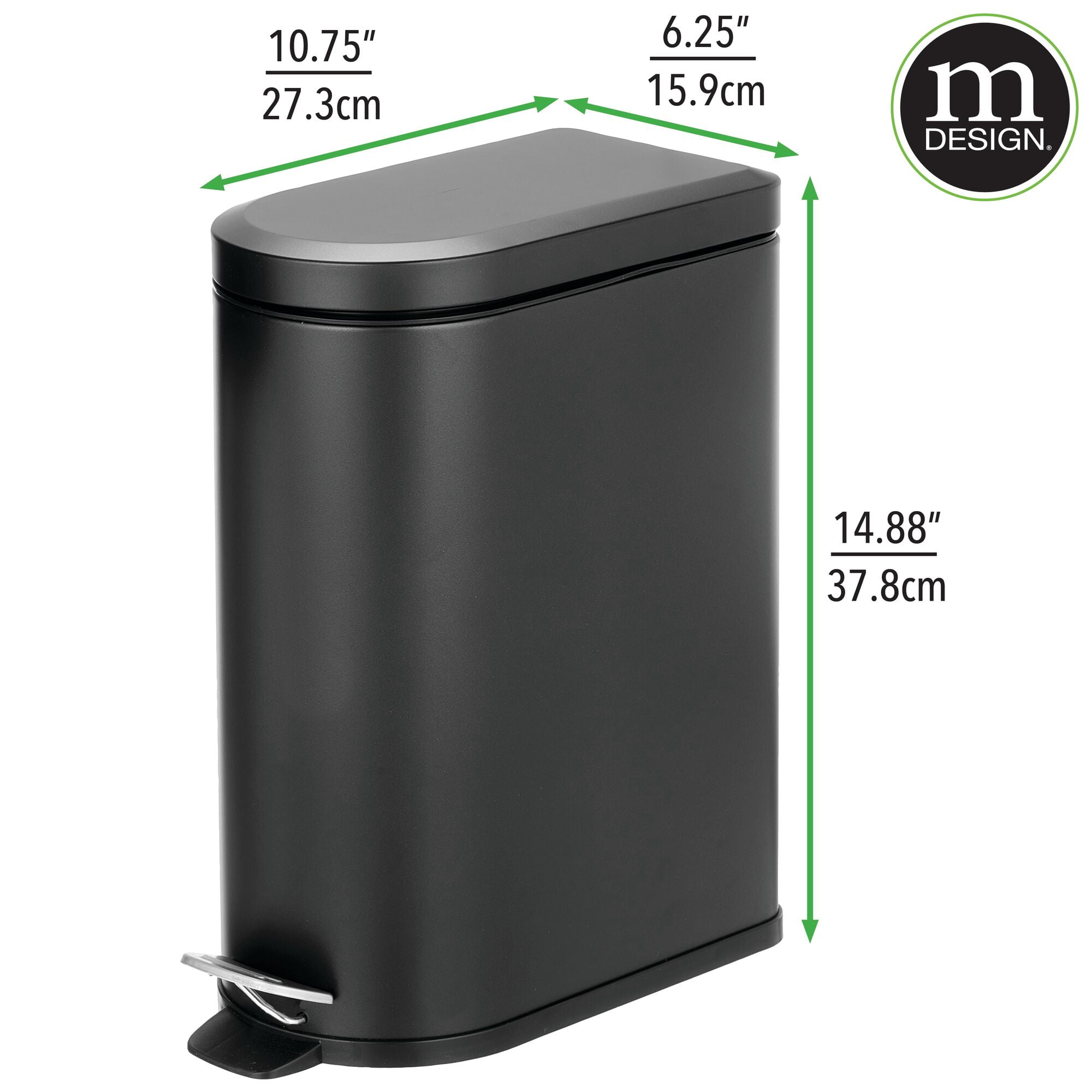 mDesign Small 2.6 Gallon Steel Metal D-Shape Step Trash Can for Bathroom, Black