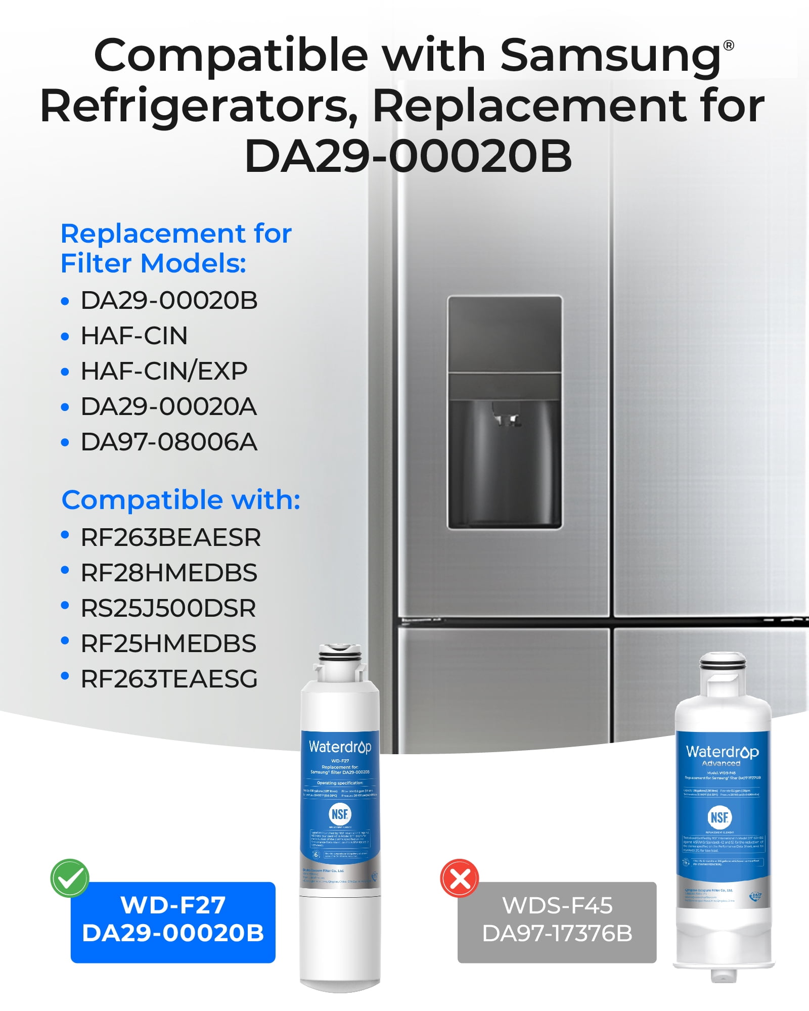 Waterdrop F27 Refrigerator Water Filter, Replacement for Samsung® DA29-00020B ,HAF-CIN/EXP, DA29-00020A/B,  RF263BEAESR, RF28HMEDBSR, RF263TEAESG, RF4287HARS,2 pack