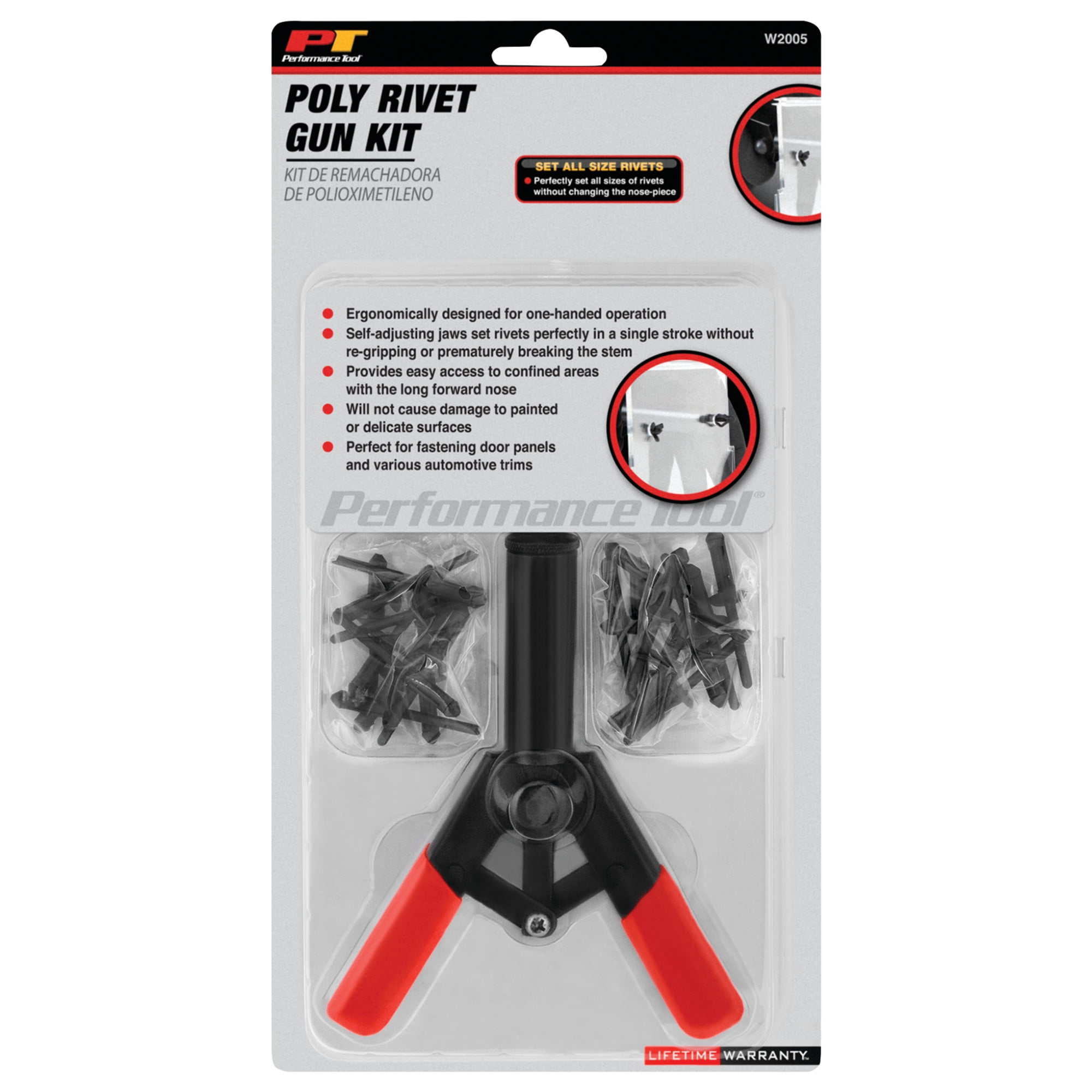 Performance Tool W2005 One-Handed Poly Rivet Gun Kit with Long Stem Riveter, Black and Red (41pc)