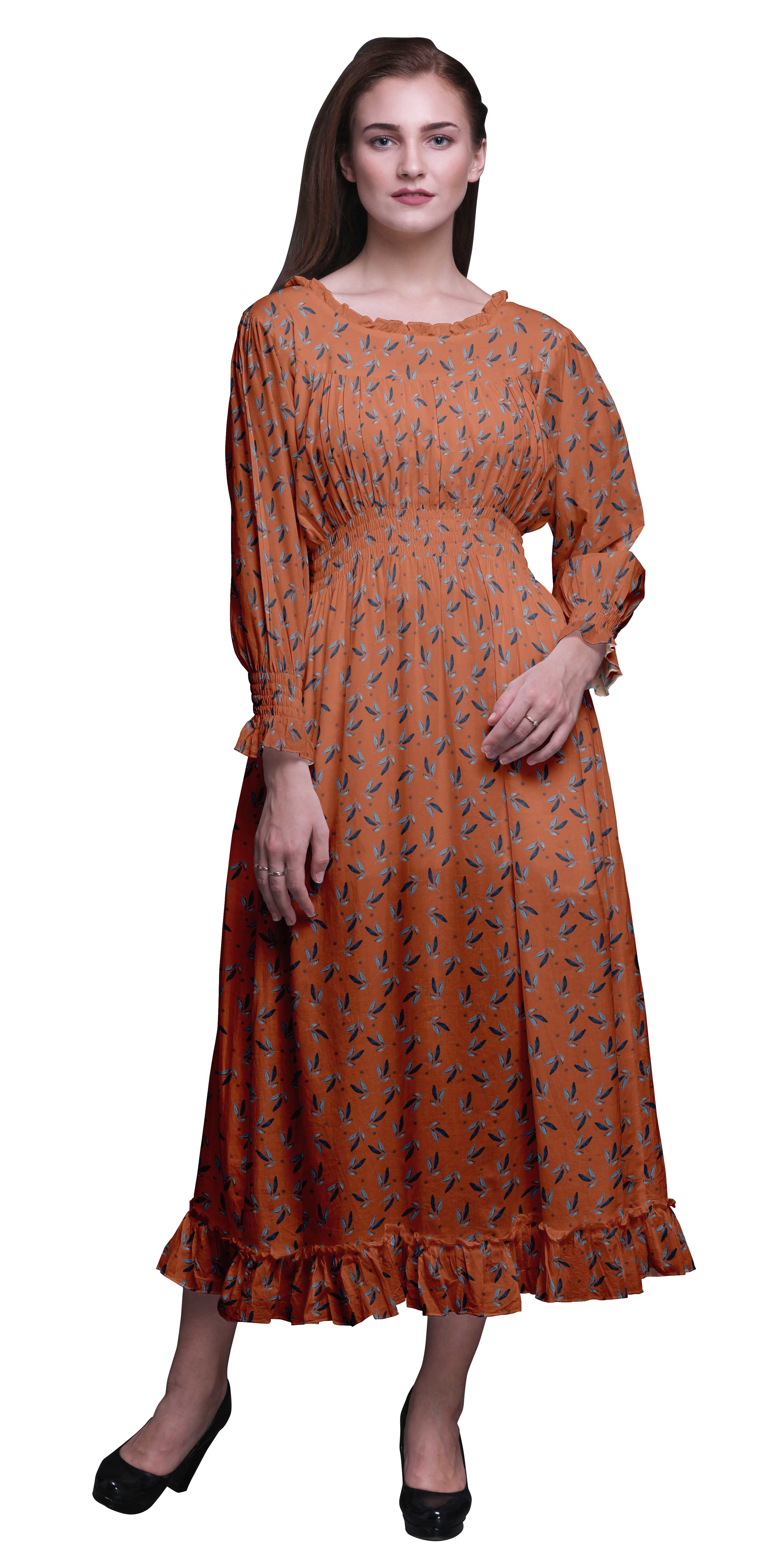 Bimba Leaves Women Cotton Smocked Boho Renaissance Long Ruffle MaxiÂ ...