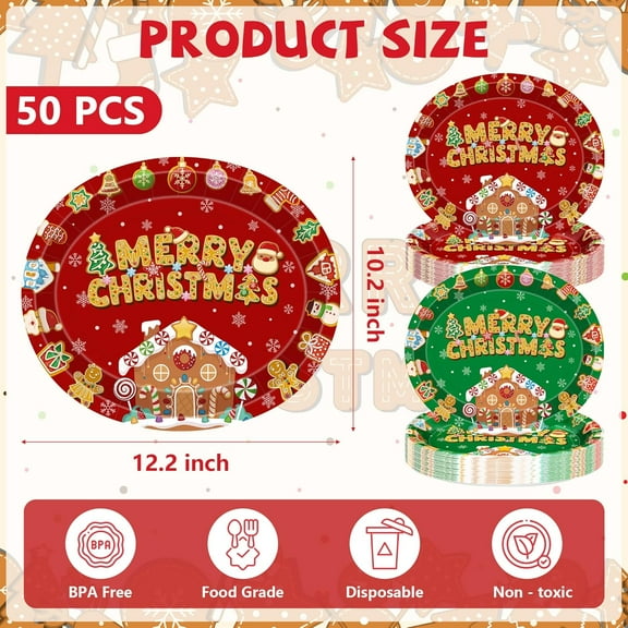 YUYAN-50 Pcs Christmas Oval Paper Plates, 12.2"x 10.2" Party Dinnerware Gingerbread Plates, Disposable Plates Colorful Christmas Party Decorations, Xmas Tableware for Holiday Dinner Gatherings Decor
