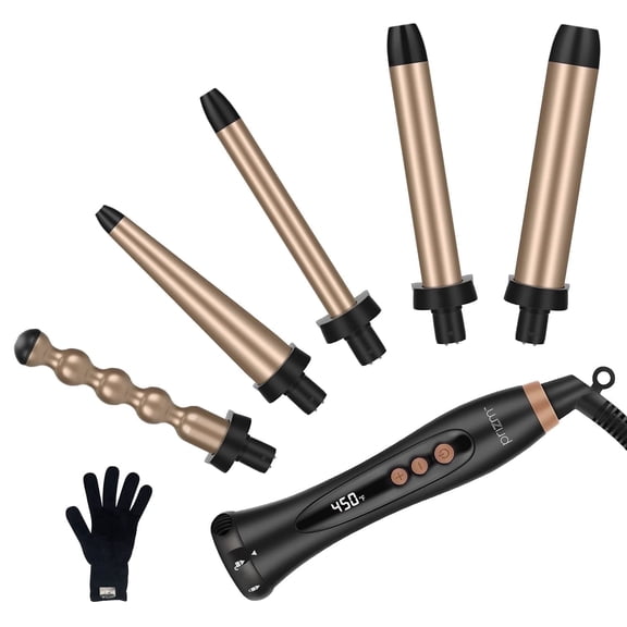 Prizm 5 in 1 Curling Wand Set, 11 Temp Settings Curling iron, Interchangeable Tourmaline Ceramic Barrels Hair Wand, Brown