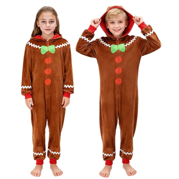GOBWCOT Christmas Gingerbread Onesie for Kids, Hooded Jumpsuit Cosplay Cookie Sleepwear Halloween Christmas Pajamas
