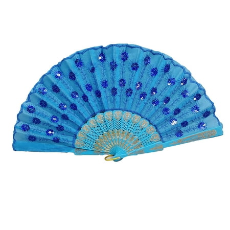 

Gerich 1 Pcs New Chinese Hand Held Fan Silk Folding Chinese Style Flower Dance Party Wedding Favor Blue