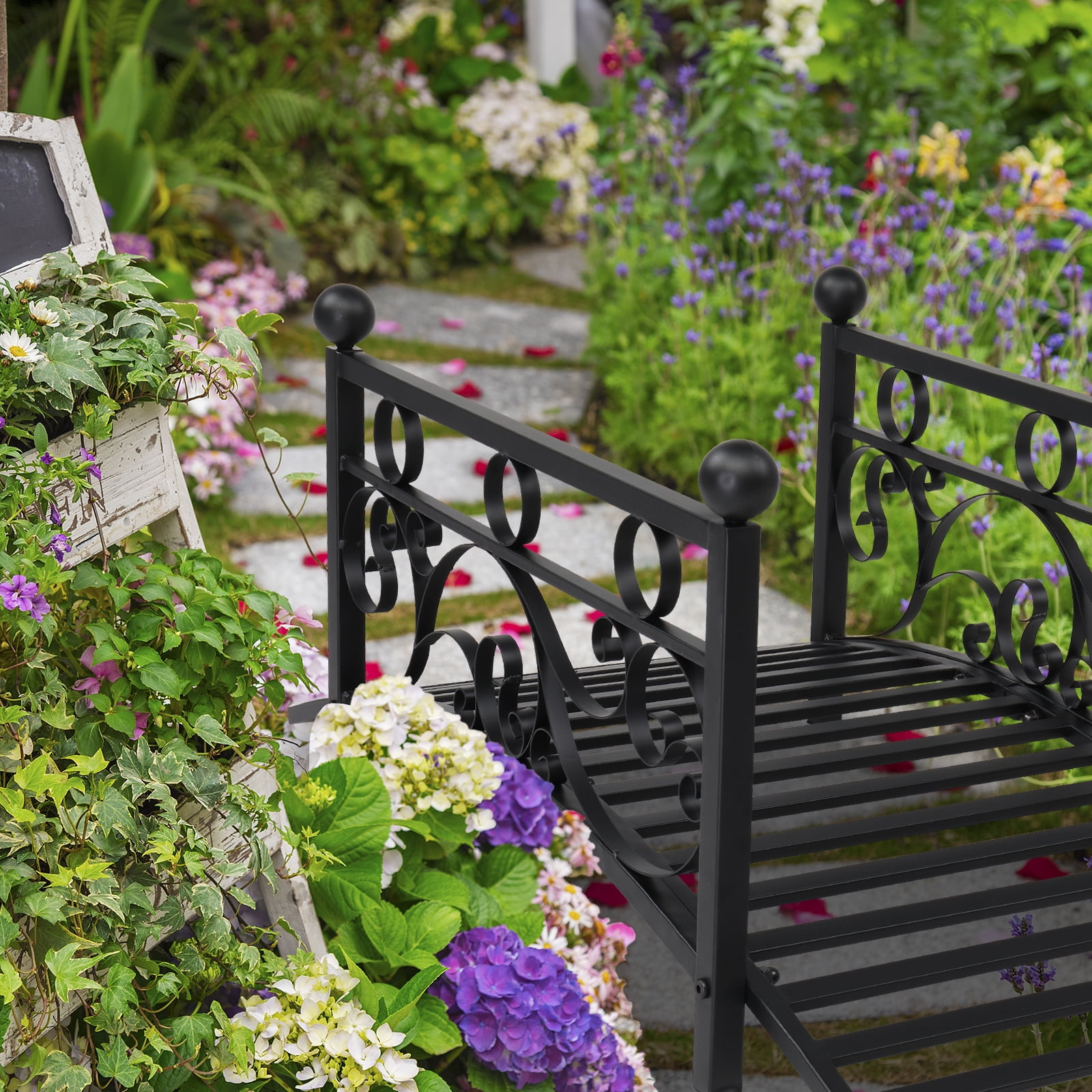 Garden With Round Iron Ball Flat Top Handrail Garden Iron Bridge Black