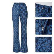 Aellinatey Women High Waist Straight Jeans Pants Asymmetrical Plaid Floral Denim Trousers