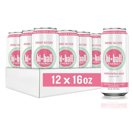 Hiball Clean Energy Drink, Zero Sugar Caffeinated Seltzer Water, Watermelon Mint, 16 Fl Oz, 12 Pack