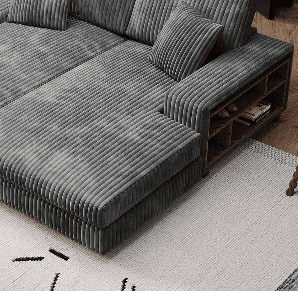 Aukfa 79.5" Oversized Double Chaise Lounges Sofa, Plush Corduroy Sectional with Storage Armrests, Memory Foam Loveseat Sleeper Sofa Couch for Living Room/Bedroom, Gray
