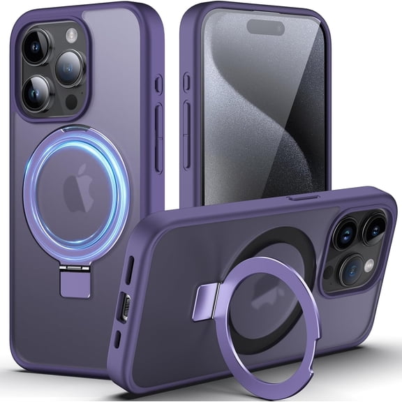 Designed for iPhone 15 Pro Case, 2023 Upgraded [All-in-1] [Compatible with MagSafe] Invisible Ring Kickstand Transparent Matte Phone Case Cover for iPhone 15 Pro 6.1 inch, Purple