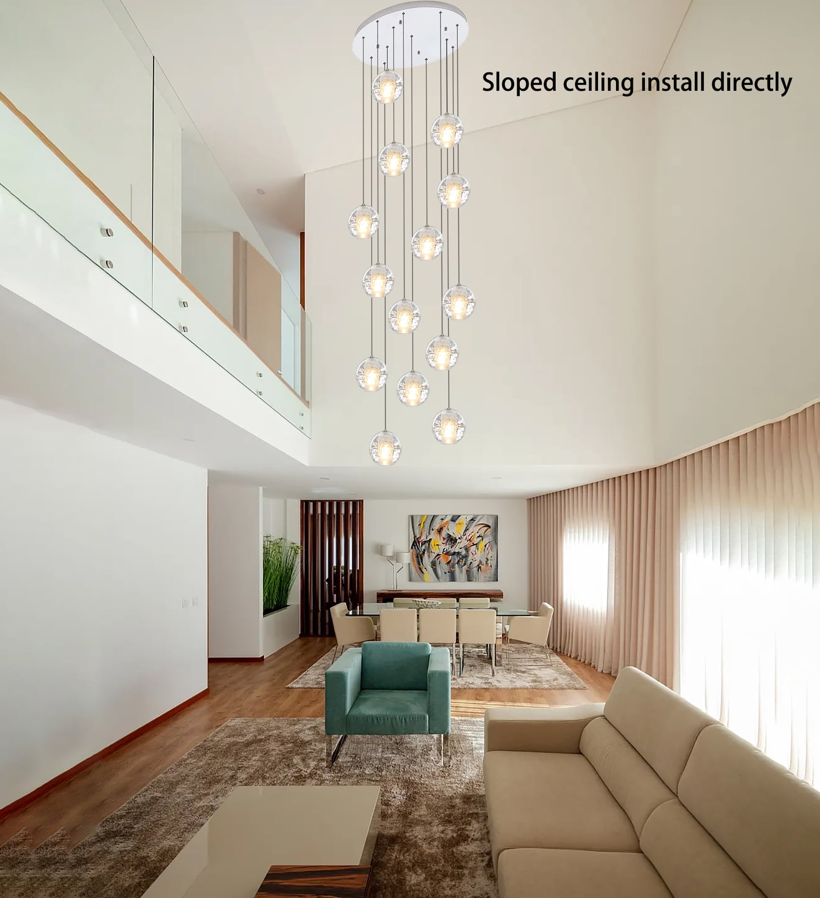 Mini Crystal Chandelier Modern Stairwell Chandelier LED Pendant Light Fixture for Living Dinning Room,Flush Mount High Ceiling Light Fixtures for Bedroom(LED Bulbs Included, 14 Lights)