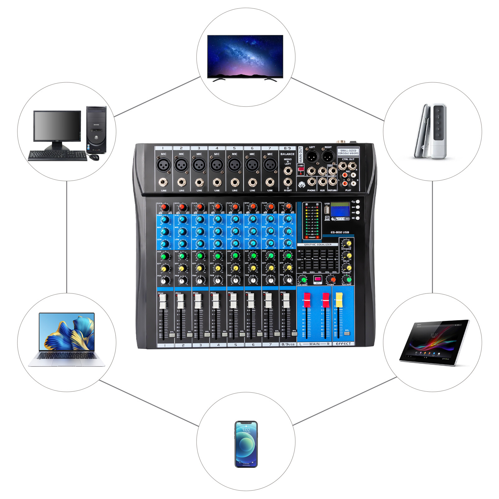 Live Mixer Micfuns Professional 8 Channel Stereo Sound Mixer Bluetooth USB Recording Computer Playback Phantom Power USB Digital Audio Mixer Amplifier
