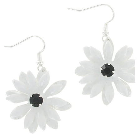 Rhinestone Pierced Earrings - White Enamel Flower Black Rhinestone Center Dangle Pierced Earrings 1 3/4