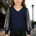 thumbnail image 2 of Gelikeya Girls Mesh Puff Long Sleeve Shirts 2026 Spring Fall V Neck Ribbed Knit Back to School Tops Casual Work Blouse Navy 9-10 Years, 2 of 5