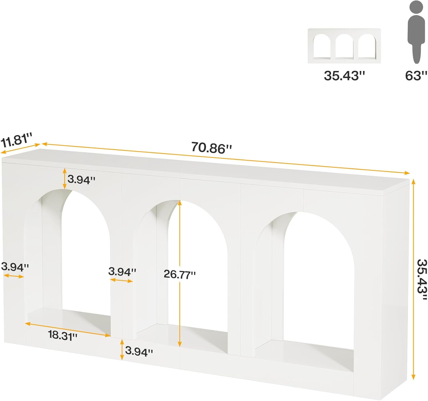 Tribesigns 70.9" White Console Entryway Table: Inviting Design with Three Arched Shelves, Offering Spacious Storage for Foyer, Living Room, Behind Sofa