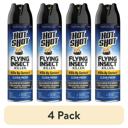 (4 pack) Hot Shot Flying Insect Killer Aerosol Spray, Clean Fresh Scent, 15 Ounces