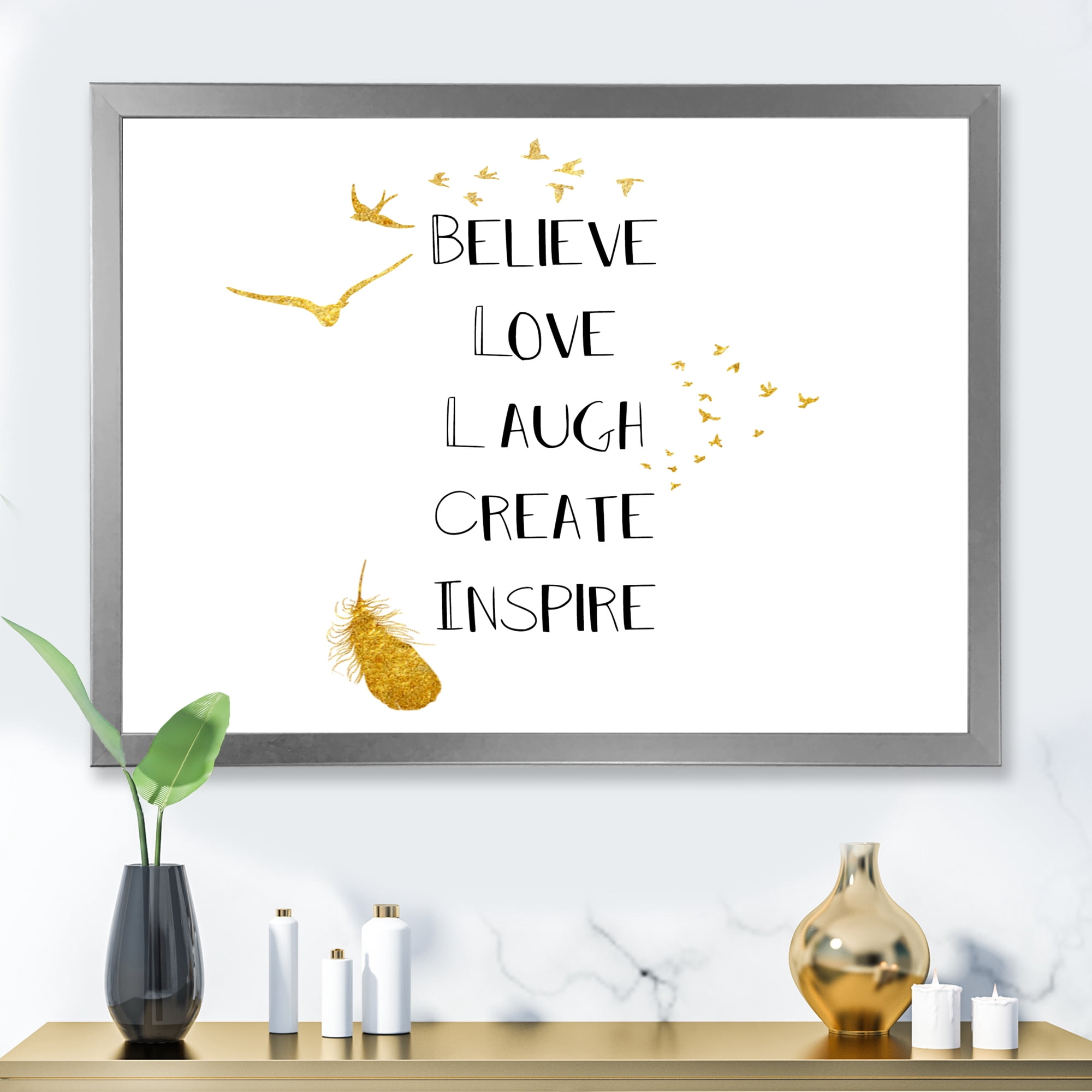 Designart 'Inspirational Quote On Gold and White' Traditional Framed Art Print