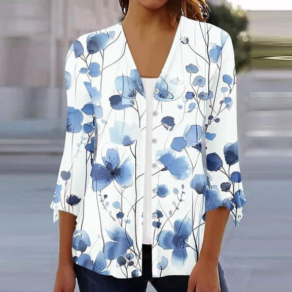 Fznquz Casual Women's Tops Button Down Blue 3/4 Sleeve T Shirt Cardigan Floral Plus Size Blouses for Women Under $10