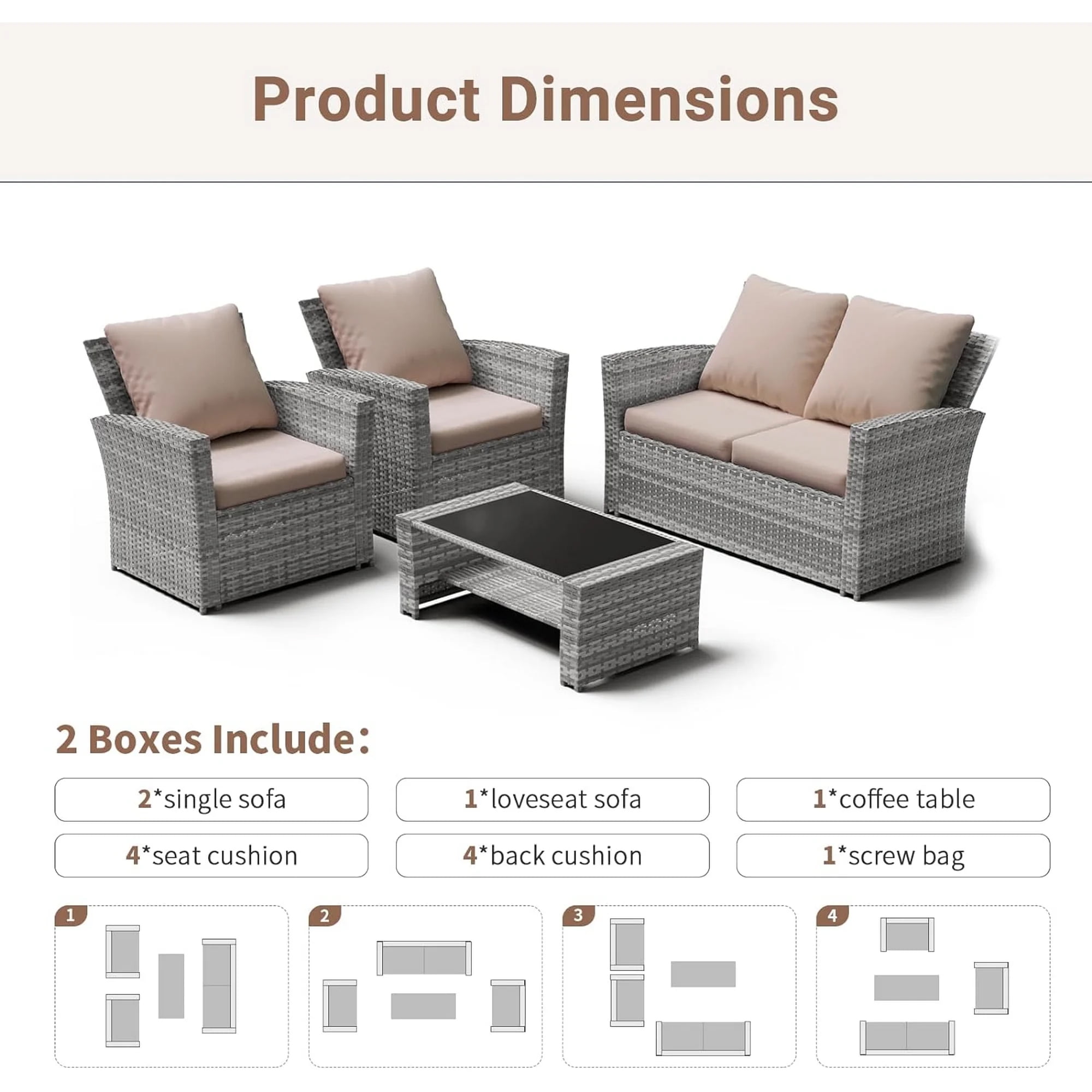 ELPOSUN Wicker Patio Furniture Set, 8 Piece Outdoor Sectional Conversation Sets, Gray PE Rattan Patio Sofa Set for Balcony, Porch, Backyard, Khaki