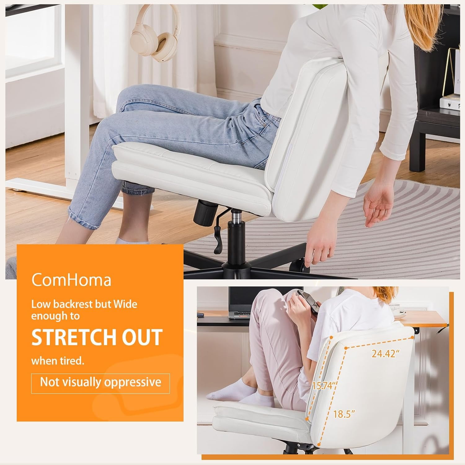 COMHOMA Armless Office Desk Chair, Criss Cross Chair with Wheels, PU Leather Padded Cross Legged Office Chair, Wide Seat Adult Vanity Chair for Home Office , Beige
