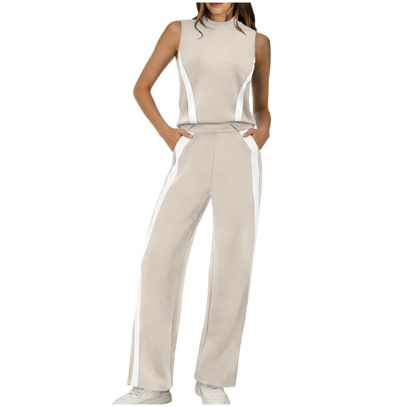 Plus Size Two Piece of Outfits for Womens Two-piece Summer High Neck Casual Sleeveless Fashionable Pocket Set Wide Leg Pants Set