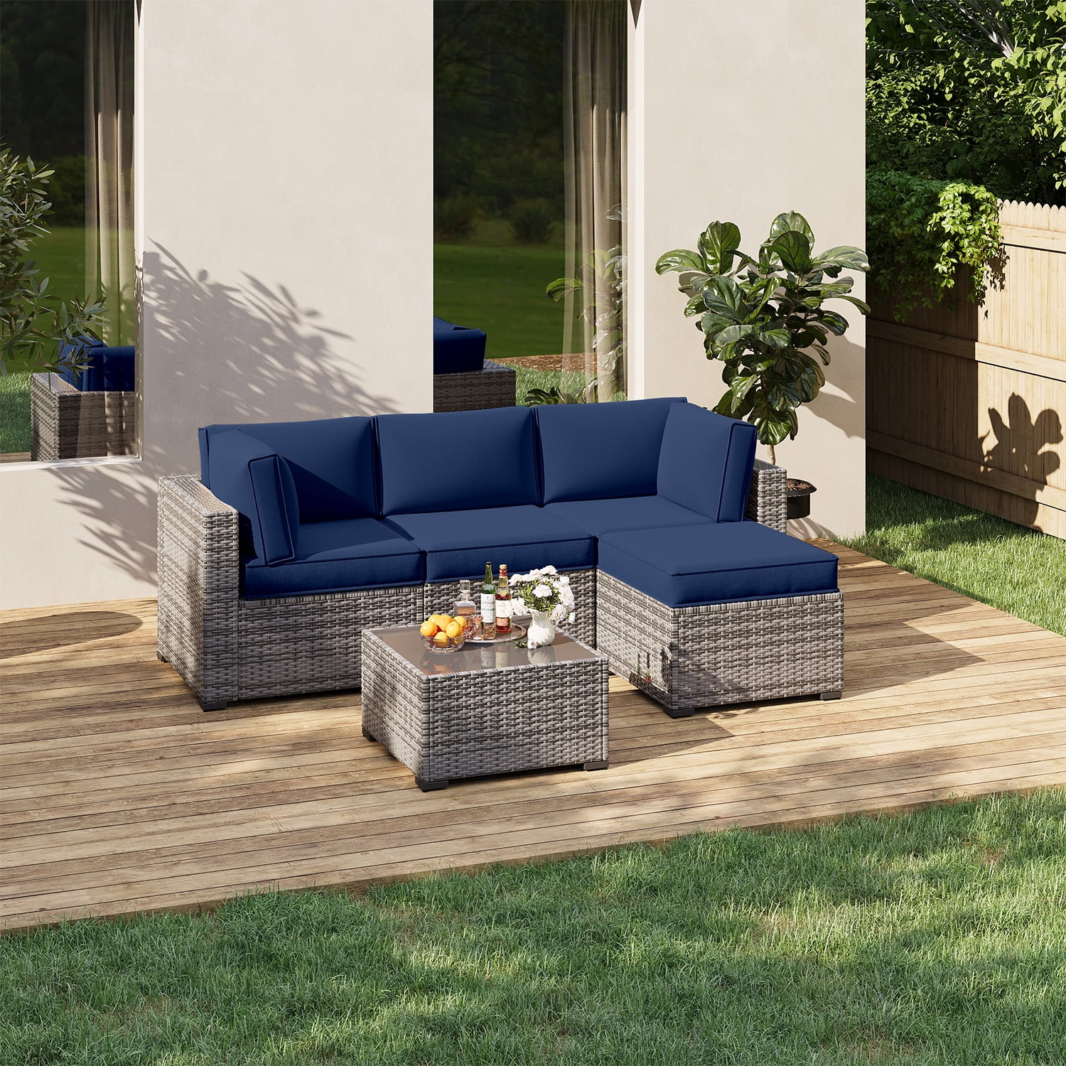 Clouddwell 9-Piece Outdoor Cushion Set for 4-Seat Wicker Sectional - Waterproof, High-Resilience Foam (Navy Blue)