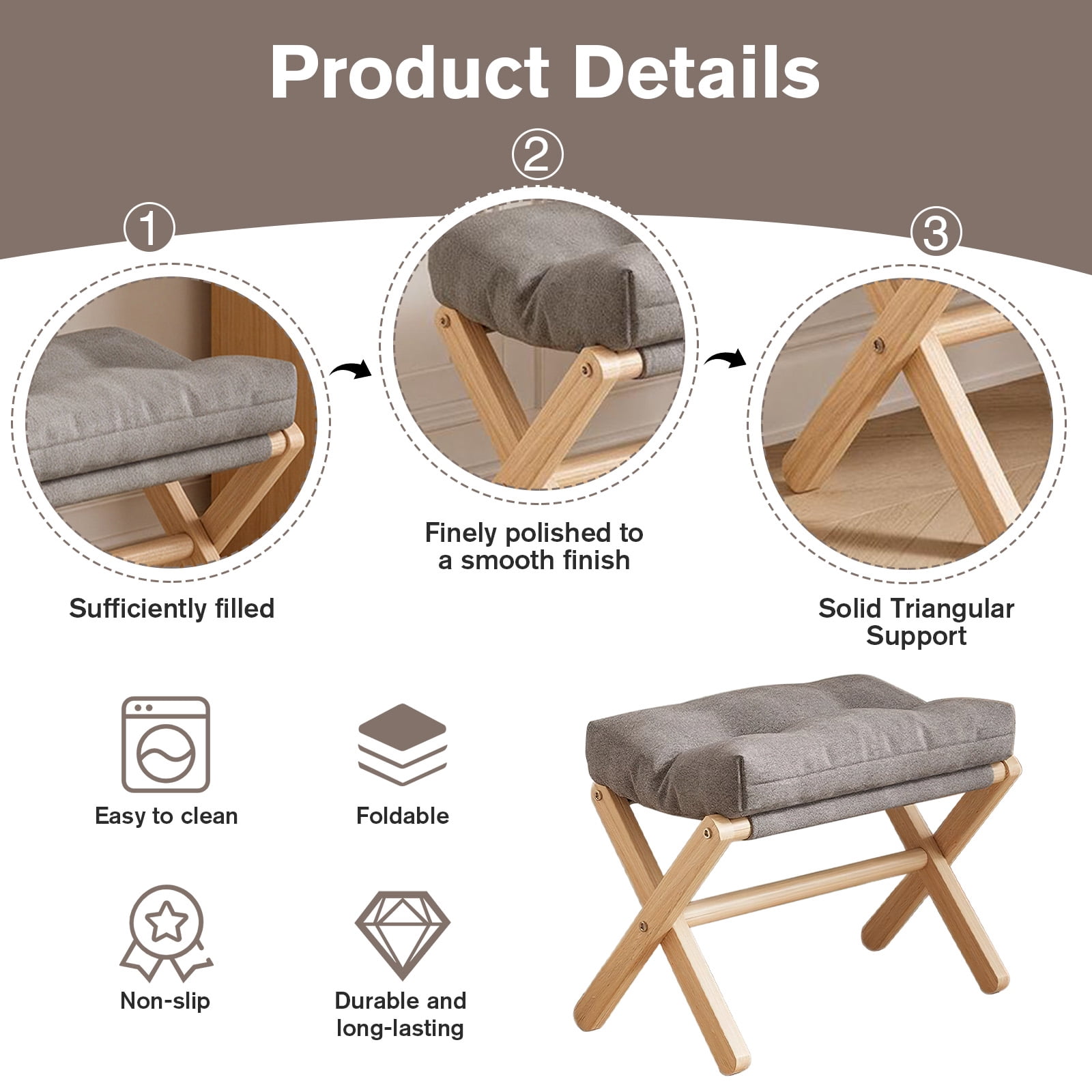 GIRACOA Folding Wooden Footrest Stool – Padded Collapsible Small Ottoman, Portable Foot Rest for Couch & Sofa, Grey, Ideal for Living Room & Bedroom