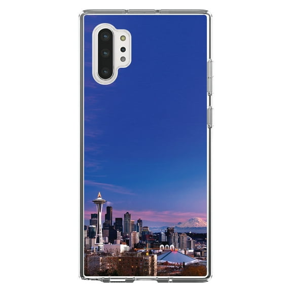 DistinctInk Clear Shockproof Hybrid Case for Galaxy Note 10 PLUS (6.8" Screen) - TPU Bumper, Acrylic Back, Tempered Glass Screen Protector - Seattle Skyline Night - Seattle