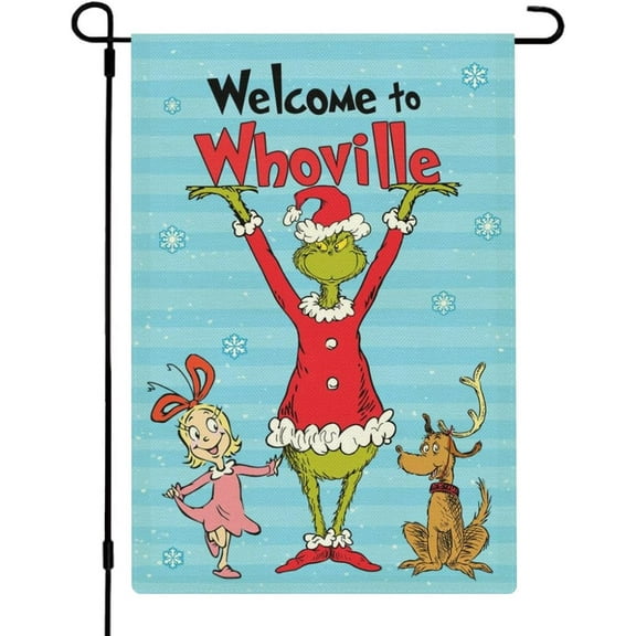 Christmas Welcome to Whoville Garden Flag, Christmas Garden Flag Fall Winter Garden Flags Xmas Decorative Outdoor Yard Burlap Flag 12 x 18 Inch