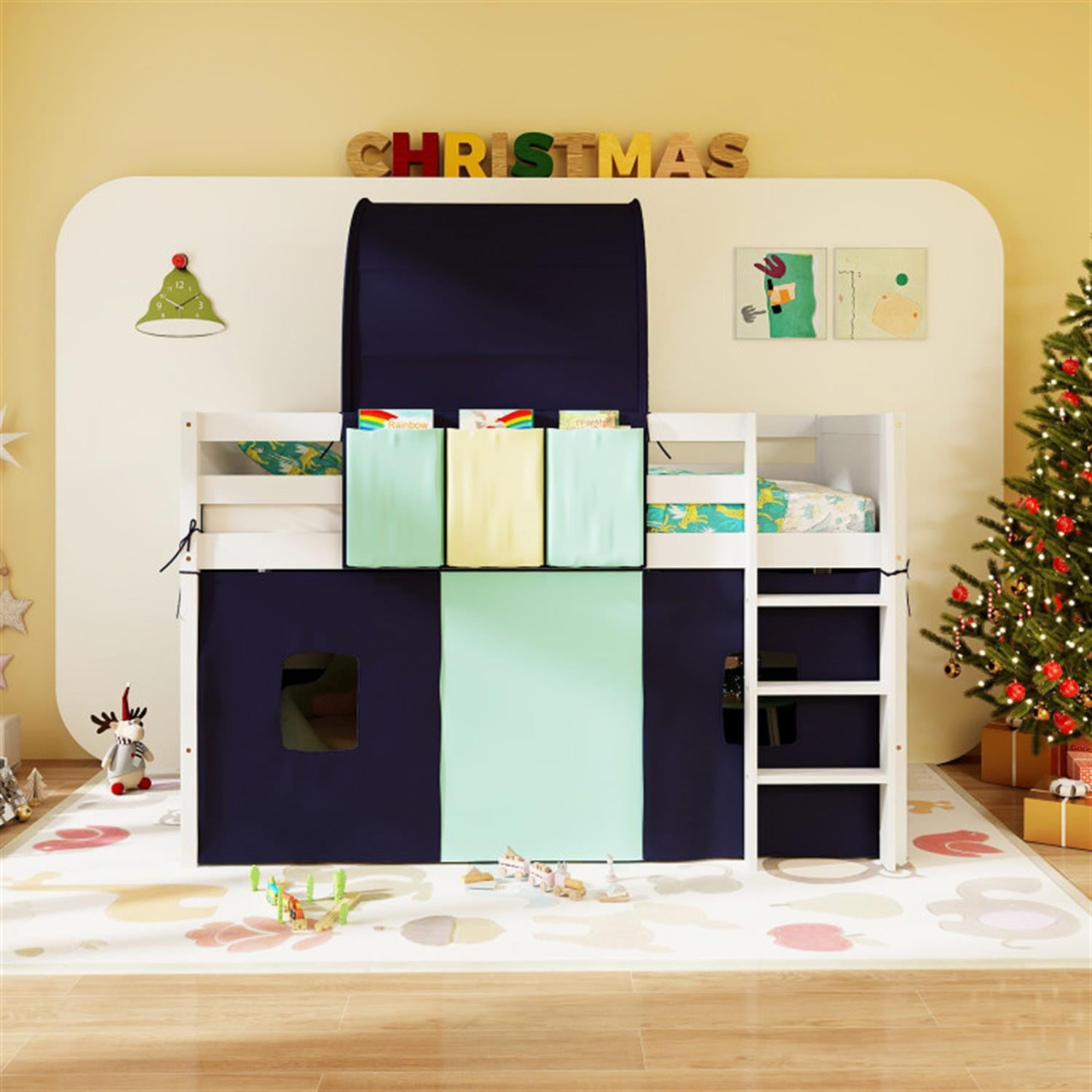 Demi Bonn Loft Bed Twin Size, Solid Wood Low Loft Bed with Tower Tent and 3 Storage Pockets, Modern Wooden Bed Frame, Blue