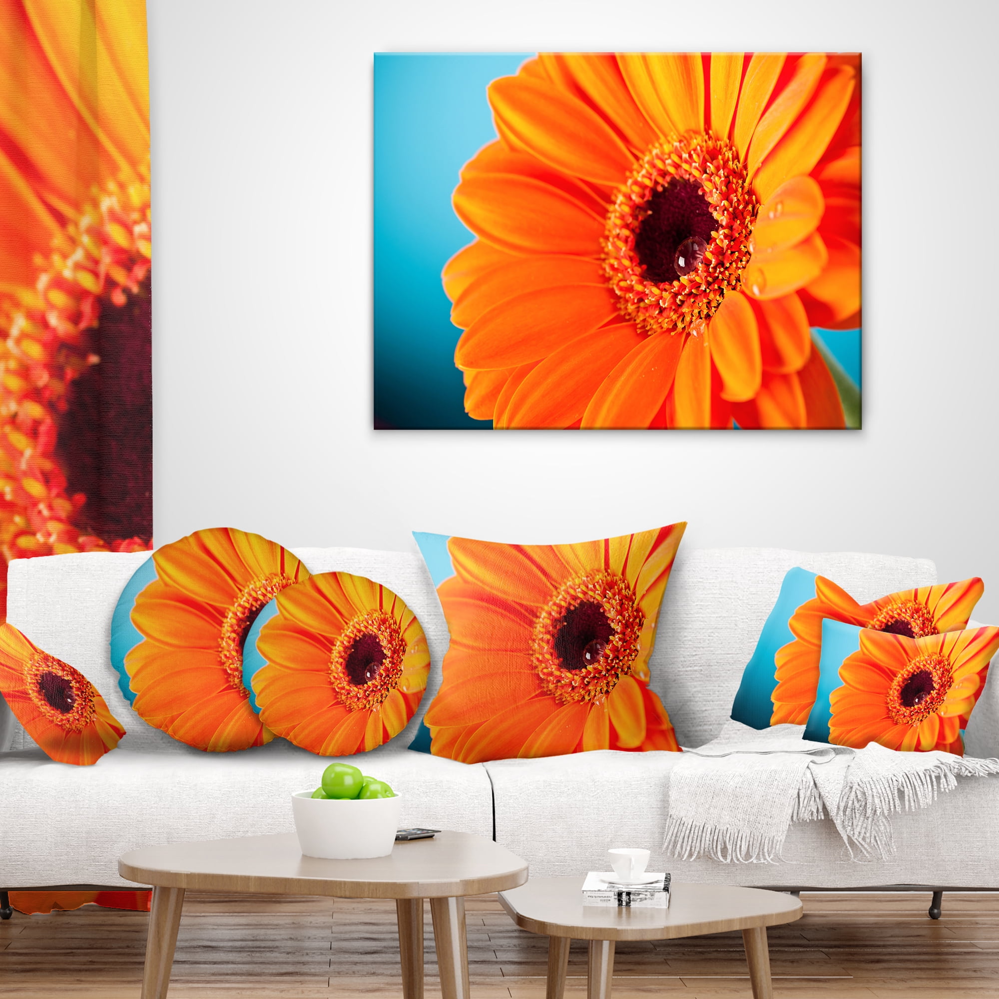 Designart Orange Daisy Gerbera Flower Close up - Flowers Throw Pillowwork - 18x18