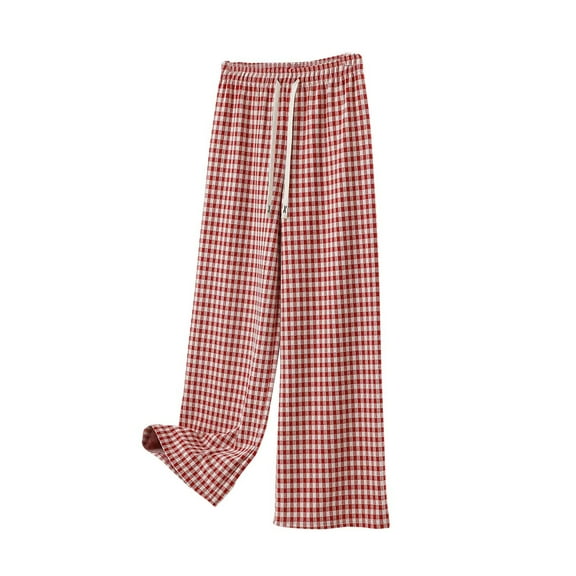 Lenpel Women's Plus Size Fleece Pajama Pants Elastic Waist Drawstring Wide Leg Plaid Plush Lounge Pants Casual Sleep Pj Bottoms(Red,X-Large)