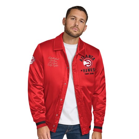 Men s Tommy Jeans Red Atlanta Hawks Jacob Chain Stitch Applique Full-Snap Varsity Jacket