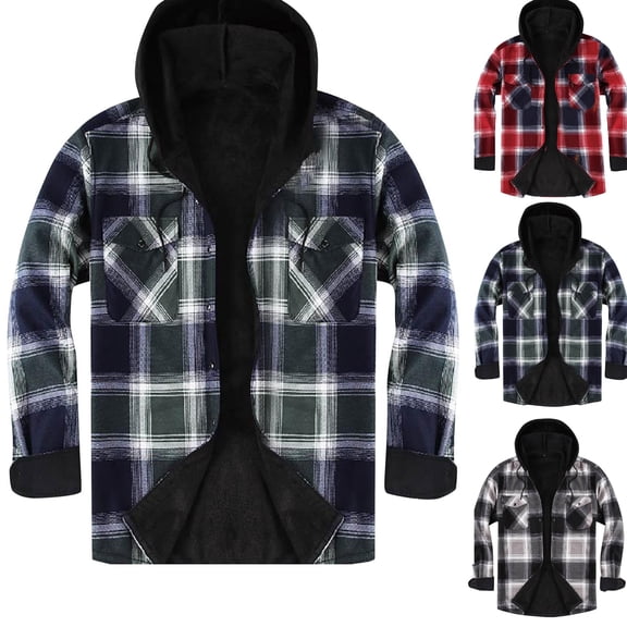 Gamivast Mens Flannel Jackets Lined Hooded Plaid Shirt Jacket Winter Warm Button Down Fall Sharpe Lined Coats with Chest Pockets Loose Casual Drawstring Trendy Jacket Mens Winter Coat