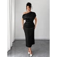 thumbnail image 4 of Black Satin Asymmetric One-Shoulder Ruched Waist Midi Dress For Women, 4 of 6