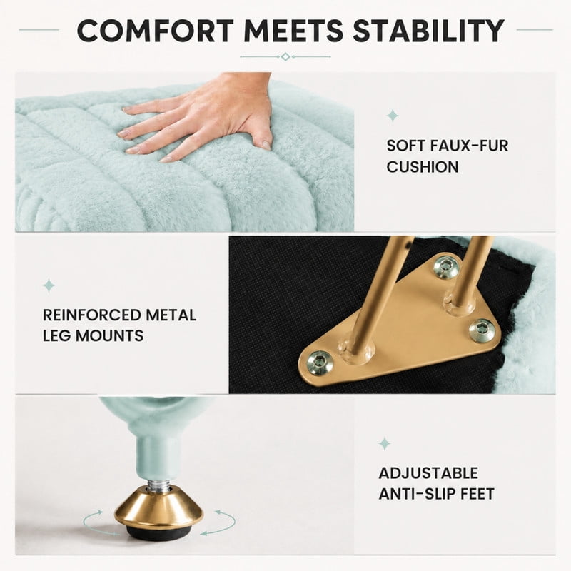 BEAUTYPEAK Vanity Stool with Storage Faux Fur Padded Makeup Ottoman with Gold Metal Legs and Adjustable Feet 18.9" Footstool, Mint