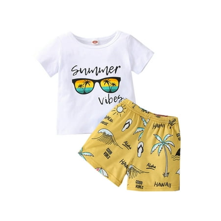 

Maemukilabe Toddler Baby Boys Summer Clothes Set Short Sleeve Sunglass Letter Print T-shirt Shark Elastic Waist Shorts Yellow 3-4 Years