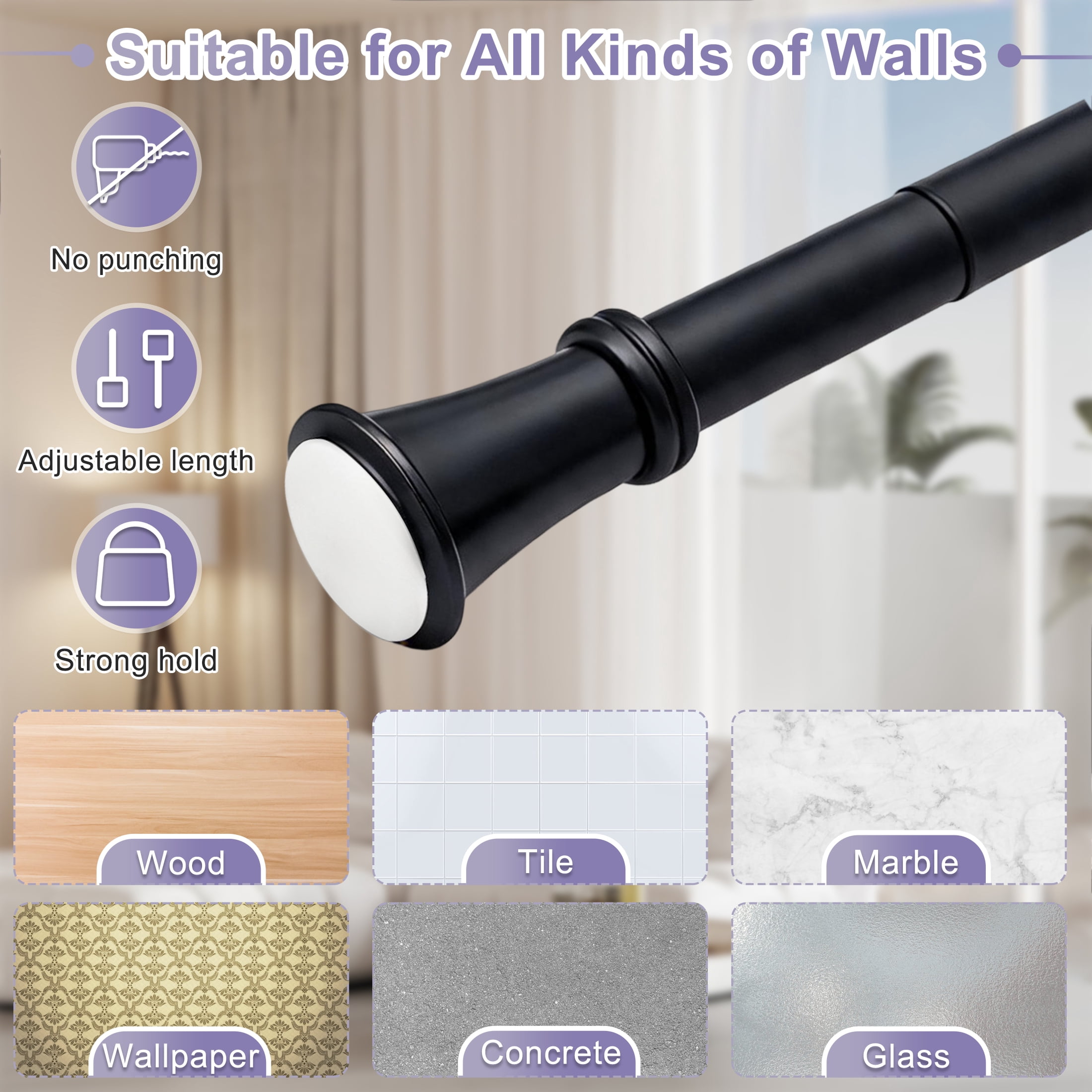 42"-72" Adjustable Tension Curtain Rod, No Drill Black Shower Curtain Rod, Tension Bar for Bathroom Shower Window Closet