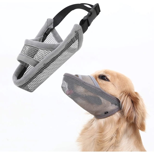 (S, gris) Bozal de nailon para perros pequeños, medianos y grandes, malla de aire transpirable y bebible para mascotas para antimordeduras y ladridos.