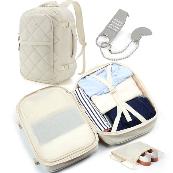 BAGSMART Travel Backpack, 30L Flight Approved Carry on Backpack with Door Lock, 17.3 Inch TSA Personal Item Backpack with Shoe Bag,Suitcase for Travel, Cream