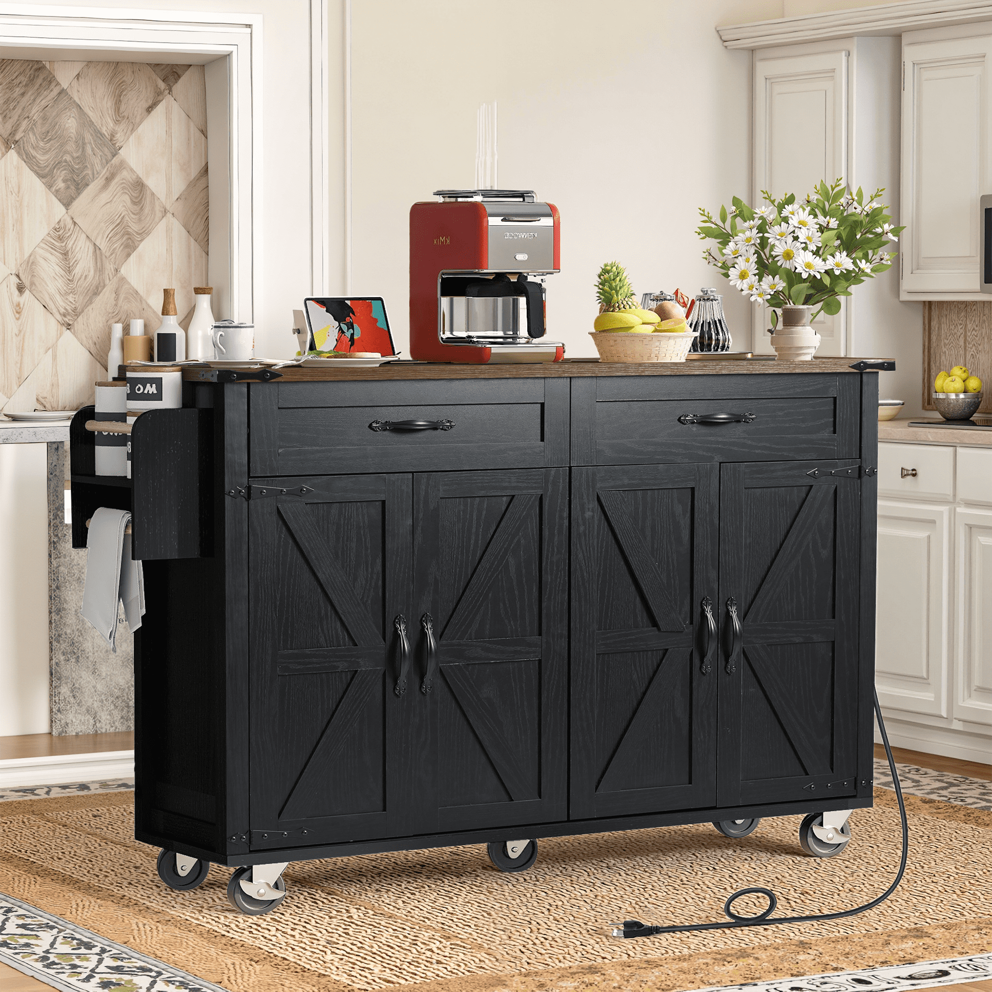 MAYEERTY 53.5" Rolling Farmhouse Kitchen Storage Island with Power Outlet for Home, Black